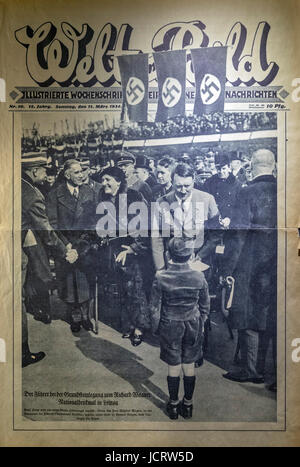 Front cover of the 11th March 1934 edition of Welt Bild showing Adolf Hitler visiting members of the Hitler Youth Movement in Leipzig. Stock Photo
