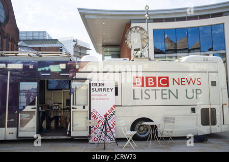 Woking, UK. 15th June 2017. BBC outside broadcast unit in Jubliee Square Stock Photo