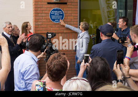 Woking, UK. 15th June 2017. Rick Parfitt Jr interviewed by BBC Radio Surrey as Blue Plaque unveiled for rick Parfitt as part of the BBC Music Day. Stock Photo