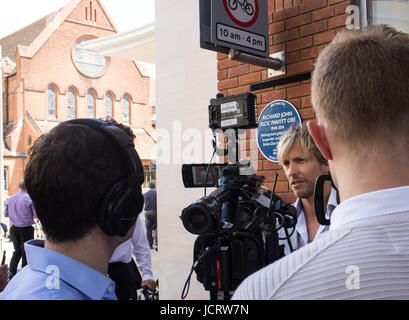 Woking, UK. 15th June 2017. Rick Parfitt Jr interviewed by BBC Radio Surrey as Blue Plaque unveiled for rick Parfitt as part of the BBC Music Day. Stock Photo