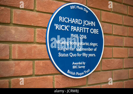 Woking, UK. 15th June 2017. Blue Plaque unveiled for rick Parfitt as part of the BBC Music Day. Stock Photo