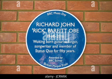 Woking, UK. 15th June 2017. Blue Plaque unveiled for rick Parfitt as part of the BBC Music Day. Stock Photo