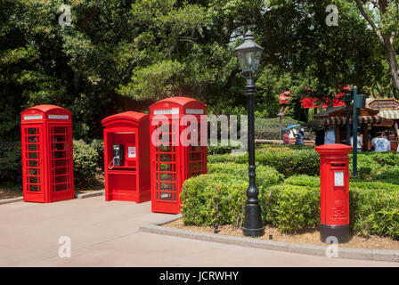 Iconic red phone boxes and mail box at Epcot theme park in Orlando, Florida. Stock Photo