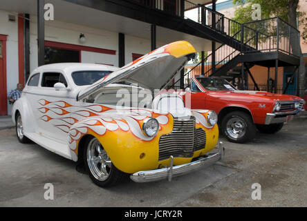 Cars on display at weekly Cruise in Old Town Kissimmee. Stock Photo