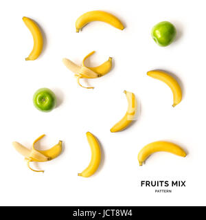 Seamless pattern with fruits. Tropical abstract background. Banana and apple on white background. Stock Photo