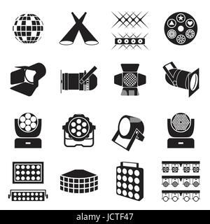 Stage lighting icons. Scene lighting equipment icons. Vector illustration Stock Vector