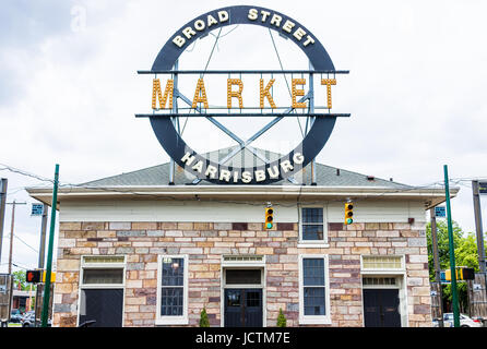 Harrisburg, USA - May 24, 2017: Broad Street Market sign in Pennsylvania capital city exterior Stock Photo