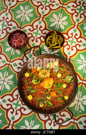 chorizo and pollo paella, Santa Barbara, California Stock Photo