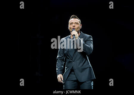 Milan, Italy. 16th June, 2017. The Italian pop singer Tiziano Ferro pictured on stage as he performs at Stadio Giuseppe Meazza San Siro. Credit: Roberto Finizio/Pacific Press/Alamy Live News Stock Photo