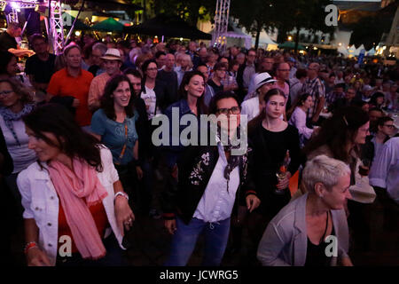 Worms, Germany. 16th June, 2017. People dance to the music of the UK band Matt Bianco together with the New Cool Collective at the 2017 Jazz and Joy Festival in Worms in Germany. Credit: Michael Debets/Pacific Press/Alamy Live News Stock Photo