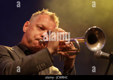 Worms, Germany. 16th June, 2017. David Rockefeller from the New Cool Collective plays the trumpet live with the UK band Matt Bianco on stage at the 2017 Jazz and Joy Festival in Worms in Germany. Credit: Michael Debets/Pacific Press/Alamy Live News Stock Photo