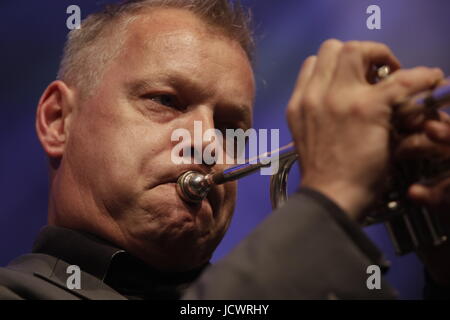 Worms, Germany. 16th June, 2017. David Rockefeller from the New Cool Collective plays the trumpet live with the UK band Matt Bianco on stage at the 2017 Jazz and Joy Festival in Worms in Germany. Credit: Michael Debets/Pacific Press/Alamy Live News Stock Photo