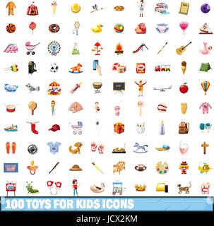 100 toy for kids icons set, cartoon style Stock Vector