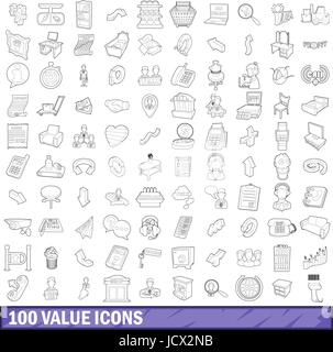 100 value icons set, outline style Stock Vector