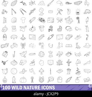 100 wild nature icons set, outline style Stock Vector