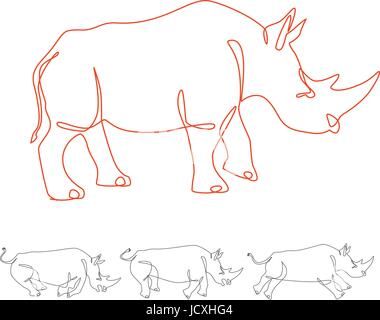 rhino walking and running continuous one line art Stock Vector