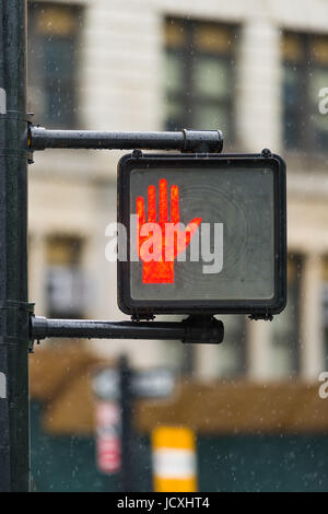 Red Warning Hand Stop Signal Pedestrian Crossing Light, New York, USA Stock Photo