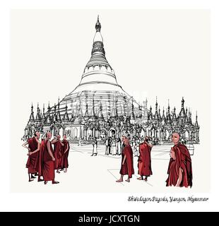 Yangon, Myanmar view of Shwedagon Pagoda - vector illustration Stock Vector