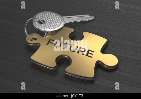 one jigsaw puzzle with text: future, concept illustration (3d render) Stock Photo