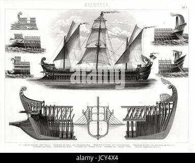 German Bilder Print of the Ancient Greek Trireme Warship with three rows of oars, and the earlier Bireme with two rolls. The Trireme was used by the Ancient Greeks, Persians and Romans and played an important roll in the Persian and Peloponnesian Wars. Stock Photo