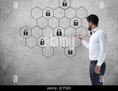 Cyber security concept. Man pointing at virtual screen with padlock ...