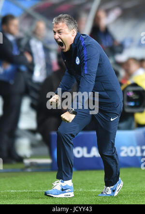 Pavel Hapal celebrates victory of Slovakia after the final whistle of the UEFA European Under-21 match between Poland and Slovakia at Arena Lublin on June 16, 2017 in Lublin, Poland. (Photo by MB Media) Stock Photo