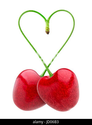 Isolated cherries. Heart shape from two cherries over white background Stock Photo