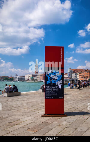 Italy,Venice,Castello,.57th Venice Biennale 2017,La Biennale di Venezia. Viva Arte Viva International art exhibition sign with Venetian buildings Stock Photo