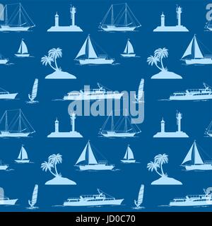 Seamless Pattern, Objects Related to Sea and Ocean, Islands with Palms Trees, Ships, Lighthouse, Sportsman Surfer, Silhouettes on Tile Background. Vec Stock Vector