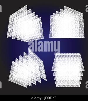 Isolated abstract white color transparent squares objects set,architectural structures collection on blue background,geometric translucent elements ve Stock Vector