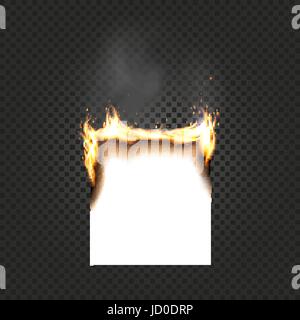 Burning Paper Sheet A4 Edges Close up Isolated on Black Checkered Background. A smoking sheet of paper with fire vector illustration Stock Vector