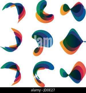 Flattened summer and spring rainbow, colorful lines with the effect of imposing. Vector collection of logos, abstract shapes and symbols. Deformed col Stock Vector