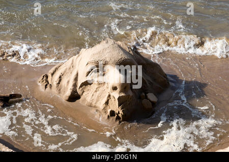 Sand sculpture on river Thames beach near Gabriel's Wharf, Southbank, London, England, UK. Stock Photo