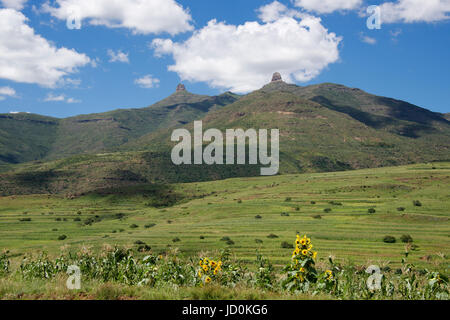 Landscape with twin peaks Maseru District Lesotho Southern Africa Stock Photo