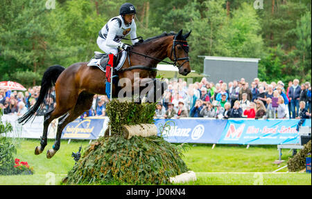 Luhmuehlen, Germany. 17th June, 2017. German eventing rider Michael Jung jumps over a hurdle on his horse Star Connection in Luhmuehlen, Germany, 17 June 2017. Photo: Philipp Schulze/dpa/Alamy Live News Stock Photo