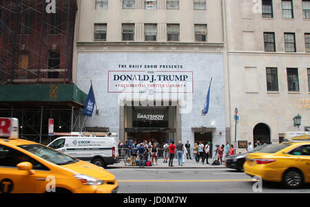 New York, USA. 16th June, 2017. The entrance to the Donald J. Trump Presidential Twitter Library in New York, USA, 16 June 2017. The satirical exhibition in New York is housed in a building near Trump Tower in Manhattan. Photo: Christina Horsten/dpa/Alamy Live News Stock Photo