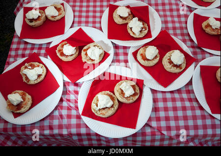 Scones with cream and jam on paper plates on a table covered in a red and white plastic tablecloth. Stock Photo