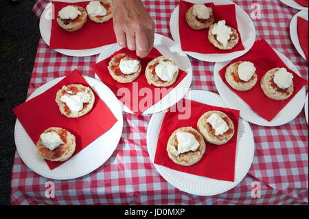 Scones with cream and jam on paper plates on a table covered in a red and white plastic tablecloth. Stock Photo