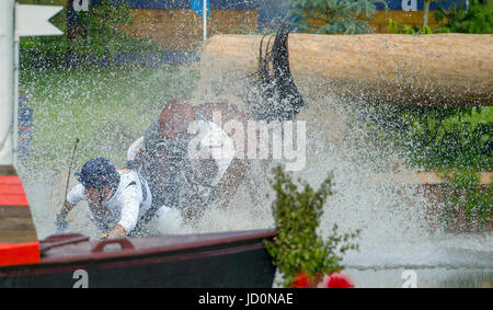 Luhmuehlen, Germany. 17th June, 2017. Spanish eventing rider Gonzalo Blasco Botin falls into a water hurdle on his horse Sij Veux d'Autize in Luhmuehlen, Germany, 17 June 2017. Photo: Philipp Schulze/dpa/Alamy Live News Stock Photo