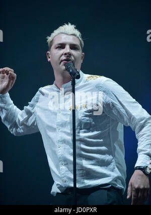 Glasgow, Scotland, UK. 17th June, 2017. Girlguiding concert featuring a star-studded line-up including Jess Glynne, Pixie Lott, Louisa Johnson, John Newman, JP Cooper, Birdy and 5 After Midnight. PICTURED at The SSE Hydro, Glasgow John Newman in concert. Credit: sandy young/Alamy Live News Stock Photo