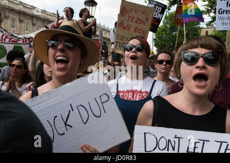 London, UK. 17th June, 2017. Pro-Labour demonstrators gather on Whitehall outside Downing Street in central London to protest against Prime Minister Theresa May, oppose an alliance between the Conservative Party and the Democratic Unionist Party (DUP) as well as demand justice for victims of Grenfell Tower fire. Credit: Wiktor Szymanowicz/Alamy Live News Stock Photo