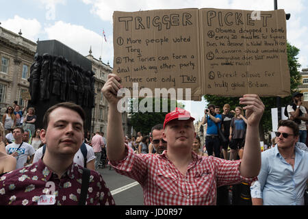 London, UK. 17th June, 2017. Pro-Labour demonstrators gather on Whitehall outside Downing Street in central London to protest against Prime Minister Theresa May, oppose an alliance between the Conservative Party and the Democratic Unionist Party (DUP) as well as demand justice for victims of Grenfell Tower fire. Credit: Wiktor Szymanowicz/Alamy Live News Stock Photo