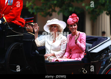 London, UK. 17th June, 2017. Prince Harry (of Wales), Camilla, Duchess of Cornwall, Kate (Catherine Middleton) Duchess of Cambridge, in their carriage on The Mall after the Trooping of the Colour 2017. Trooping the Colour marks the Queens official birthday. Trooping the Colour, London, June 17, 2017 Credit: Paul Marriott/Alamy Live News Stock Photo