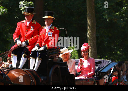 London, UK. 17th June, 2017. Camilla, Duchess of Cornwall, and Kate (Catherine Middleton) Duchess of Cambridge, at the Trooping of the Colour 2017. This year the 1st Battalion of the Irish Guards will be providing the colour and Prince William, Duke of Cambridge, is their Colonel. Trooping the Colour marks the Queens official birthday. Trooping the Colour, London, June 17, 2017 Credit: Paul Marriott/Alamy Live News Stock Photo