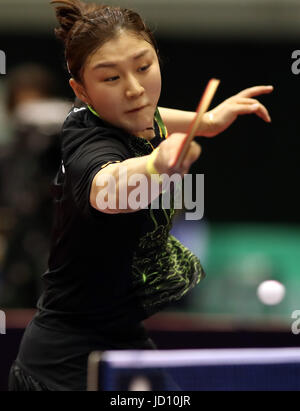 Tokyo, Japan. 18th June, 2017. Chinese table tennis player Chen Meng returns the ball against her compatriot Sun Yingsha during women's singles final of the ITTF World Tour Platinum Japan Open table tennis championships at the Tokyo Gymnasium on Sunday, June 18, 2017. Chen was defeated by Sun 3-4 and finished the second. Credit: Yoshio Tsunoda/AFLO/Alamy Live News Stock Photo