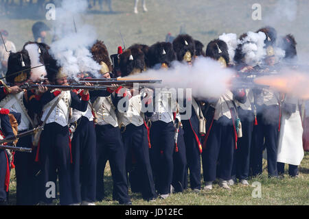 Waterloo, Belgium. 18th June, 2017. History lovers take part in a re-enactment of the Battle of Waterloo in Waterloo, Belgium, June 18, 2017. Credit: Ye Pingfan/Xinhua/Alamy Live News Stock Photo