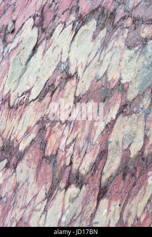 Close up of colorful rock surface, natural background, pattern and texture. Metamorphic white quartzite folded and fractured together with red coarse  Stock Photo
