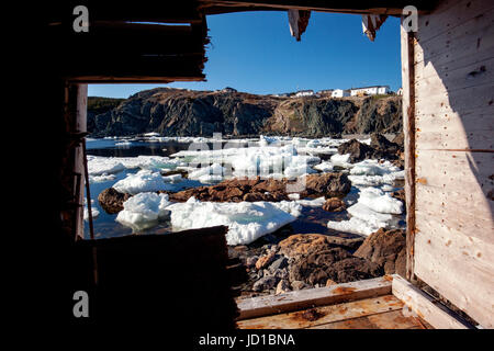 Rundown fishing stage and docks in Crow Head, Twillingate, Newfoundland, Canada Stock Photo