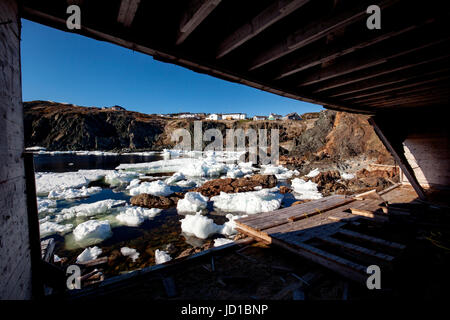 Rundown fishing stage and docks in Crow Head, Twillingate, Newfoundland, Canada Stock Photo