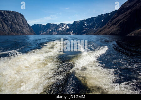 View from boat tour on Western Brook Pond, Gros Morne National Park, Newfoundland, Canada Stock Photo